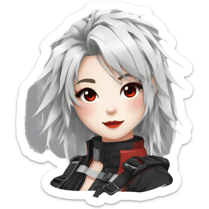 Gorgeous techwear anime style lady with blushing face aesthetic and pretty edgy black red white punk messy hair with collar and harness trending style sticker