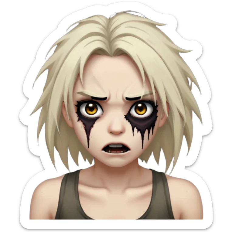 Cabelo:Longos e escuros, bagunçados como se estivesse saindo de um apocalipse. Olhos:Maquiagem escura ao redor, dando um olhar profundo e hipnotizante. Boca:Lábios escuros entreabertos, como se estivesse prestes a soltar um grunhido assustador. Pele:Um tom mais pálido, talvez com algumas rachaduras ou manchas para o toque zumbi. Roupa:Uma regata branca rasgada ou suja, para aquele ar de “acordei assim depois do apocalipse”. sticker