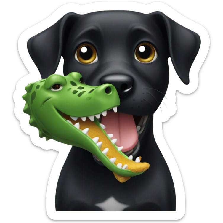 Black dog with alligator dog toy in mouth sticker