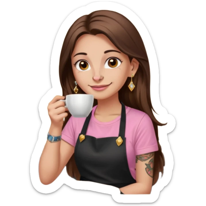 Fille cheveux long châtain, peau beige type européen yeux marron, teeshirt rose avec un tablier noir, piercing au nez anneau doré, boucle d’oreille diamant doré. Elle boit un café Tatouage à la gorge sticker