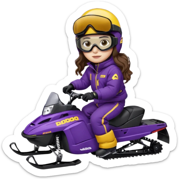 Brown, long wavy hair, ski-doo jacket and pants ski doo boots helmet and goggles, dark purple sled Sitting on dark purple snowmobile goggles and helmet not covering my face brown eyes white skin dark purple formula 1995 snowmobile change sled color dark purple and white not yellow sticker