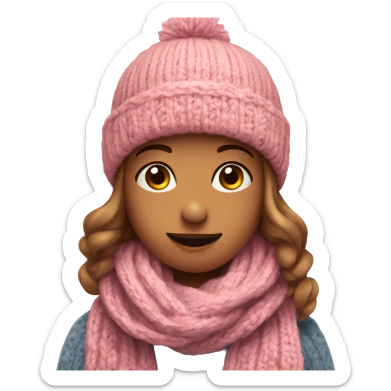 A girl in a warm knitted hat and scarf sends a heart sticker