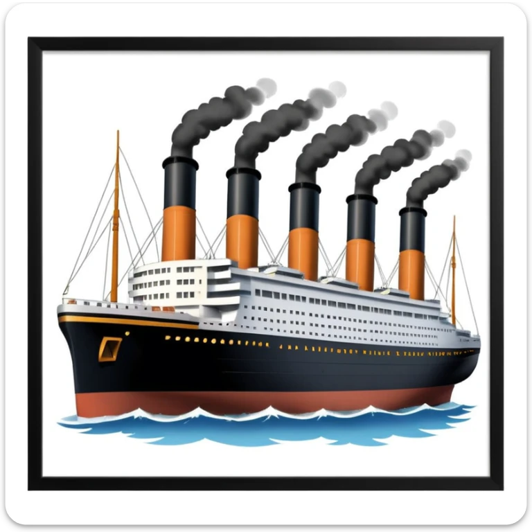 3D emoji style apple, simplified shapes, cartoon-like look, glossy finish, soft shadows, white background, Titanic ship with four smokestacks, black hull, white upper decks, recognizable key features sticker
