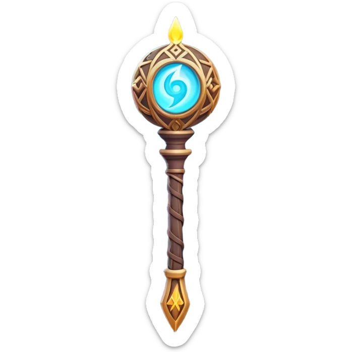 Clash of Clans aesthetic: Cinematic Playful Magic Staff Emoji, rendered in a 3D vector-style similar to standard emojis with minimal shading and bold, simplified shapes. A compact, isometric enchanted staff with intricate runic carvings and a glowing orb at its tip, softly glowing with a mystical arcane charm. Simplified yet unmistakably iconic, highly detailed and consistent, glowing with a soft radiant glow and high shine. Stylized with a touch of legendary sorcery and a soft glowing outline, capturing the essence of a powerful magic staff with a friendly, playful vibe! sticker