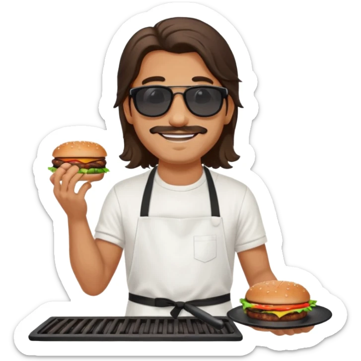 long hair man grilling wearing shade smiling in a white tshirt and a black apron grilling burger and meat on a sizzling grill sticker