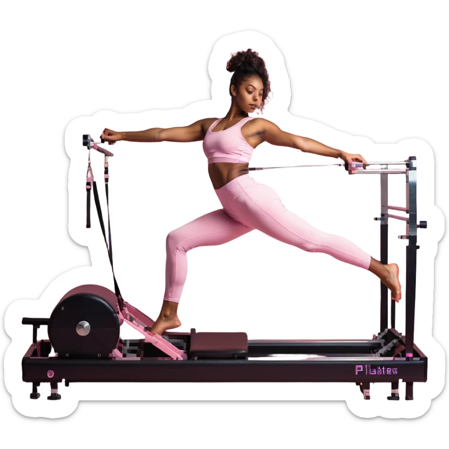 Brown girl in pink outfit on pink reformer pilates sticker