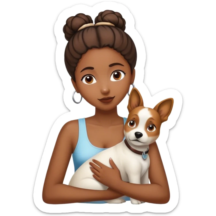 smart, 30 year old, brown African girl, back bun hairstyle, with one big white brown dog sticker