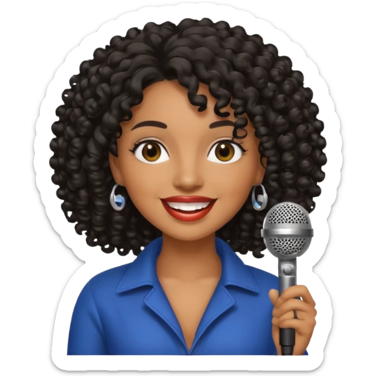 brown skin woman, curly black hair, singer, hold micro sticker