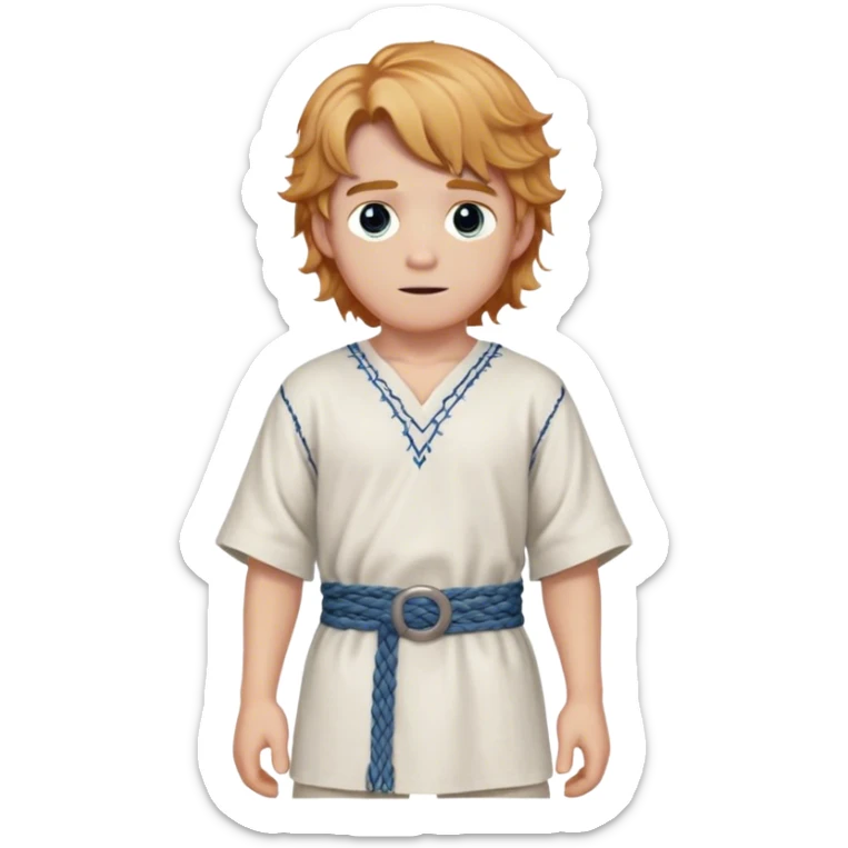 Medieval spring outfit worn by a DnD themed fantasy male character. Soft white cotton tunic with blue thread detailing along the seams, paired with a hand-woven belt of mixed fibers. Clothes only above the waist, full waist coverage. The character has no arms. Character is white-skinned with strawberry blonde hair, steel gray eyes, and medium-length wavy hair. sticker