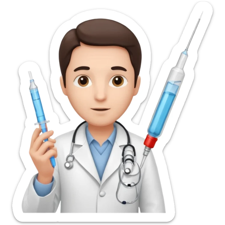 doctor of medicine holding very big syringe sticker