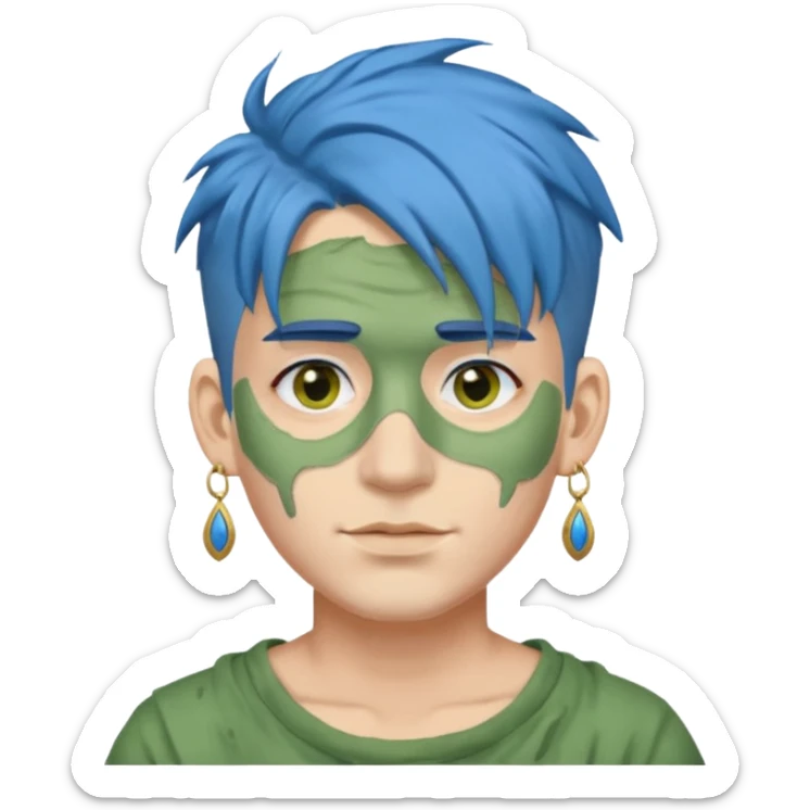 messy green clay mask man with earrings and blue hair sticker