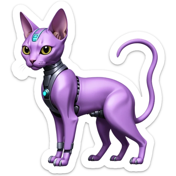 Black and purple futuristic mechanical technological shiny alloy modern realistic cool tough elegant sleek cyber-mecha-robo-sphynx-oriental--cat (full body) sticker