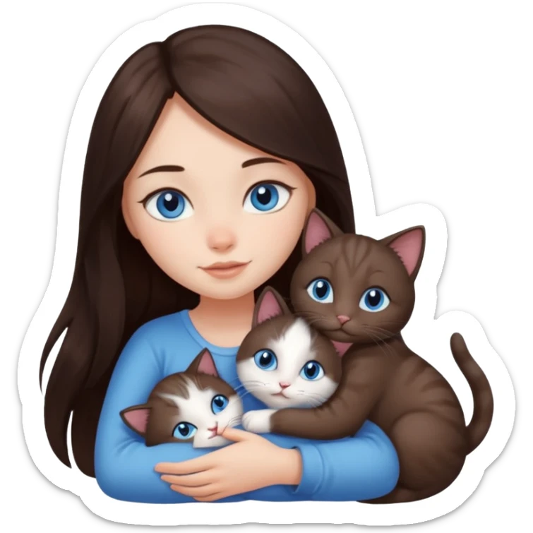 a pretty girl with long dark 
brown hair, with blue eyes, hugs 3 different natural coloured small cats sticker
