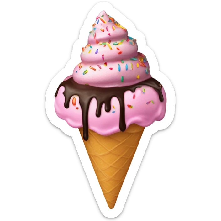 pink ice cream with rainbow sprinkles, chocolate sauce, and one cherry on top in a cone sticker