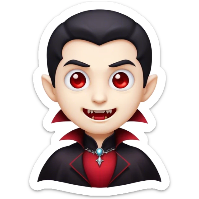 Cinematic Cute Vampire Portrait Emoji, with a refined yet playful small, rounded pale face accented by tiny, cute fangs and bright, twinkling eyes, sporting miniature elegant dark attire with a hint of crimson, simplified yet irresistibly charming, highly detailed with a soft glowing outline that captures the delightful duality of spooky sweetness and stylish allure! sticker