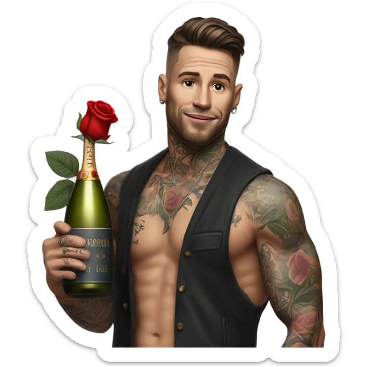 Hyper Realistic handsome tattooed man holding roses and a bottle of champagne  sticker