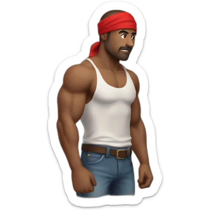 muscular man in red bandana standing sideways turns his head to face the viewer,his hand is bent in the elbow,torso sticker