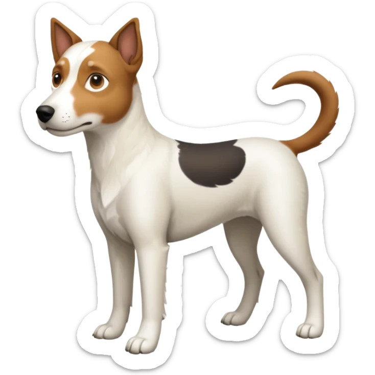 a full body large white parson russell looking dog the size of a kelpie with light brown flopped down ears and a light brown patch on one eye and a large snout sticker