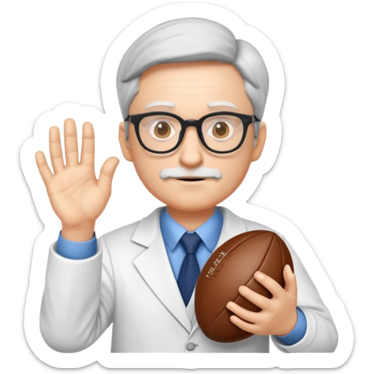 professor with glasses and academic attire with hands positioned as if gripping an invisible rugby ball sticker