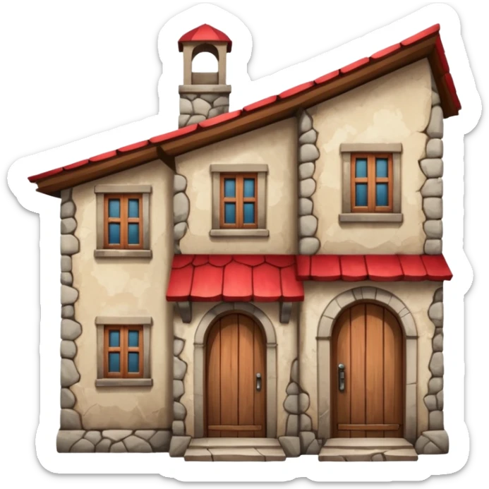 old, tall crooked building with red roof and wooden door




 sticker