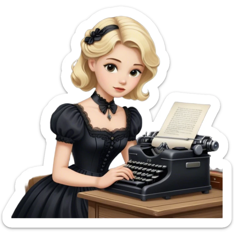 Blonde model wearing a black Victorian gown typing on a black typewriter at an old desk sticker