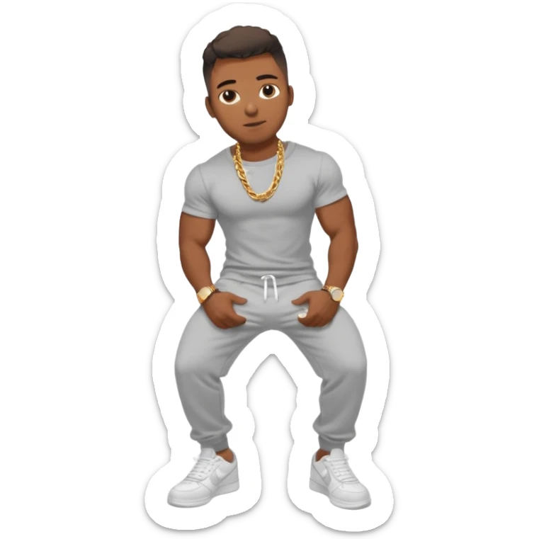 Handsome Black guy with brown skin tone, with muscular build, wearing gray sweatpants, a white t-shirt, white Air Force Ones sneakers, a small gold rope chain, and a gold watch  sticker