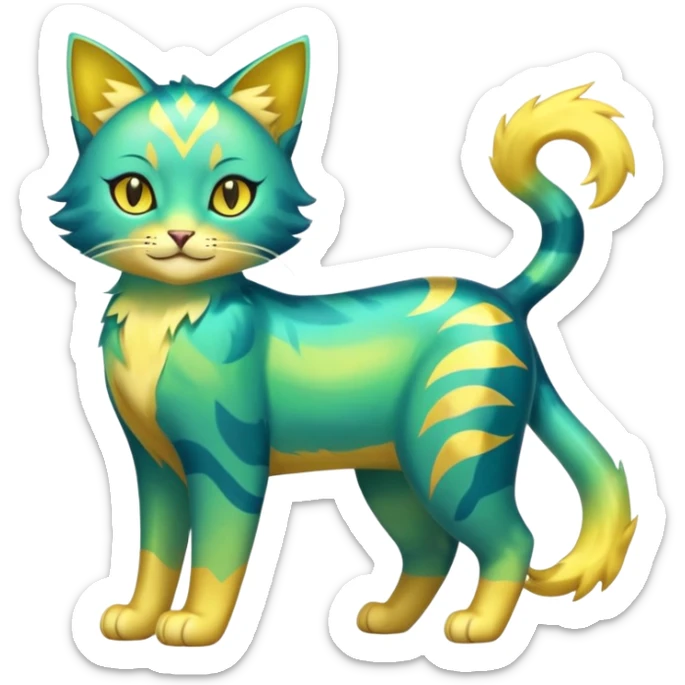 Shiny Iridescent Smooth Soft Glossy Green and Yellow Electrike-Lucretia-Luxray-Sprigatito-Bobcat-Amaura-Aurorus-Shiny-glorp-cat-fusion (full body) sticker