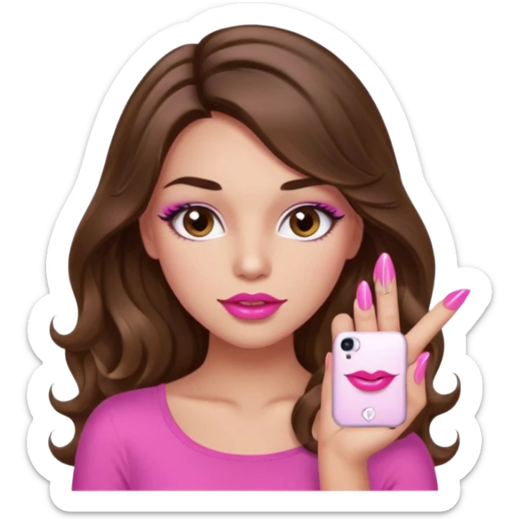 girl with long wavy brown hair, brown eyes, light to medium complexion, in a pink sexy top, pink puckered lips, long lashes, showing a manicure sticker