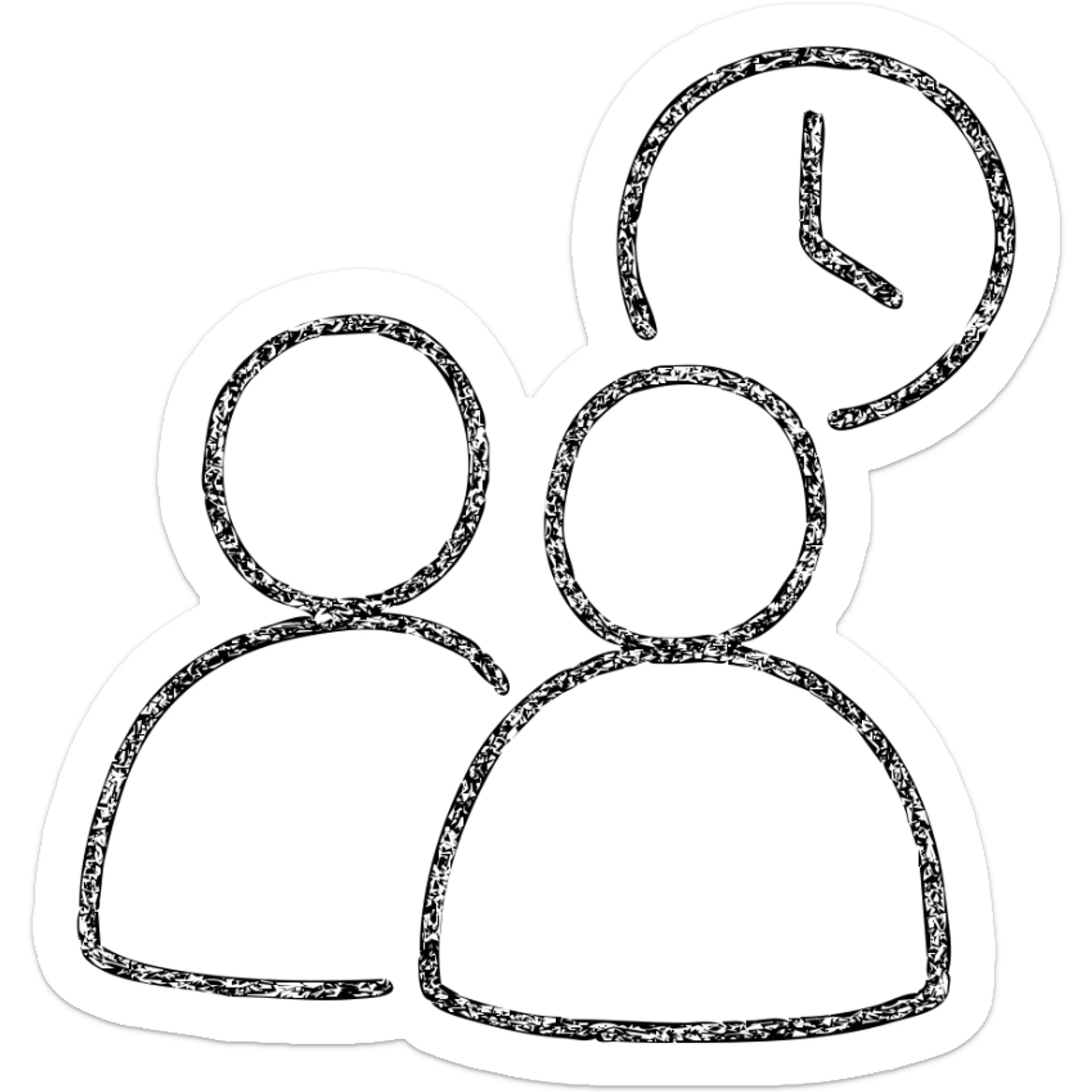 ultra-minimalist hand-drawn outlined icon of two figures with a small time symbol, worn and distressed style sticker