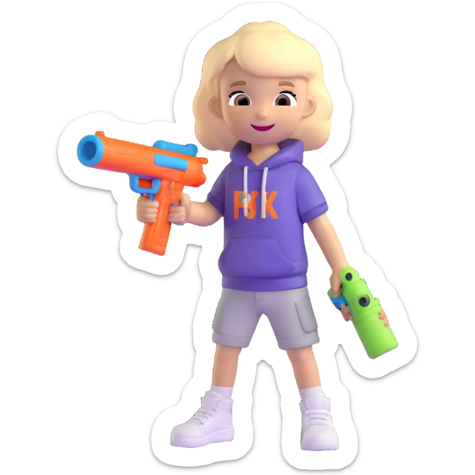 little white kid in a hip-hop outfit, holding a squirt gun, smiling sticker
