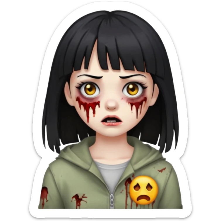 make a zombie girl emoji, with black hair and bangs above the eyebrow sticker