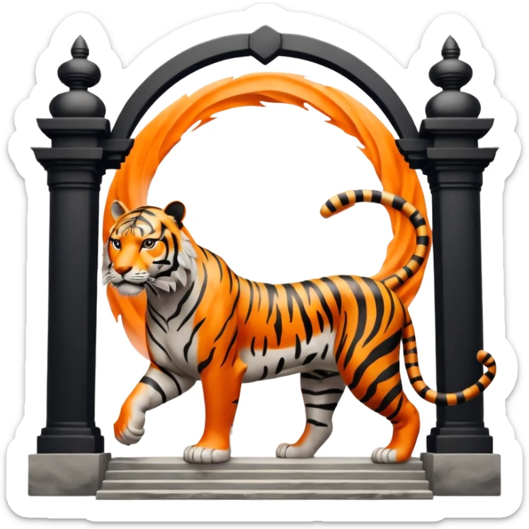 Traditional Chinese ink painting style emoji. A powerful tiger (like the ancient character 虎), standing guard in front of mystical gates (門). Energy swirls around him like a vortex (🌀). Minimalist, transparent background, 512x512 pixels. sticker
