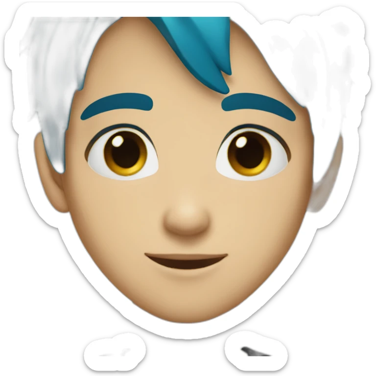 a boy with blue hair green eyes small nose and a black  shirt sticker