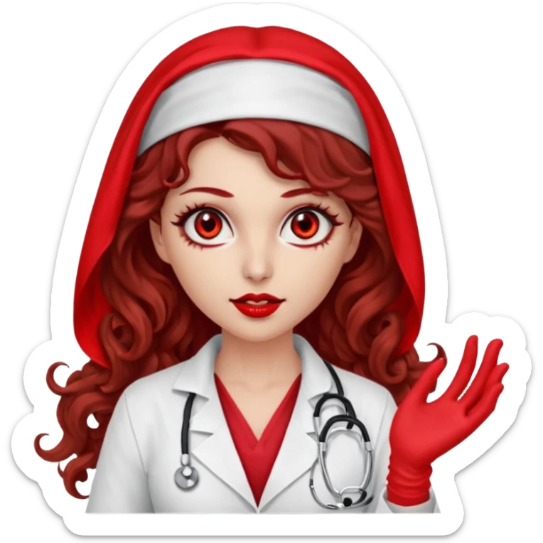 Lilith scalpel in hand, evil surgeon sexy surgeon clothes.  She has red eyes.  Hair is long. Hair is brown and curly hair. Wears sexy doctor outfit with red gloves. Covers mouth neck and nose with mouth veil red sticker