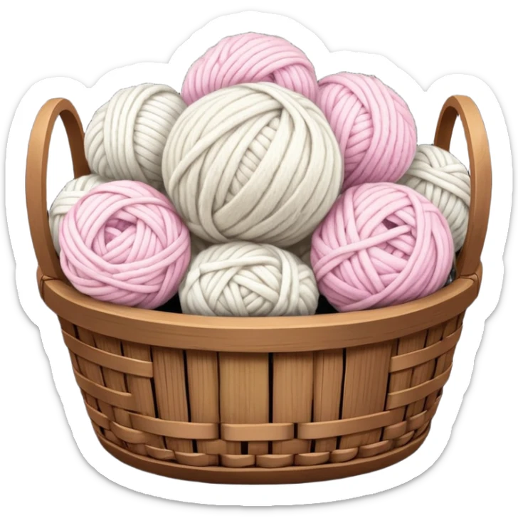 detailed, hyperrealism, still life beautiful ball of chunky white to light pink color wool, placed in a dark wooden basket, with other types of wool, to knit a blanket. Transparent background  sticker