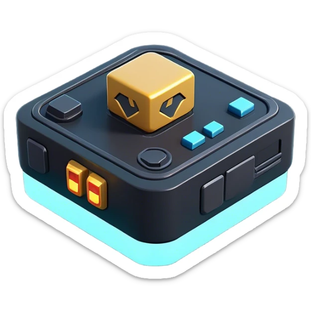 Clash of Clans aesthetic: Cinematic Playful 3D Isometric Sci-Fi Console Emoji, rendered in a 3D vector-style similar to standard emojis with minimal shading and bold, simplified shapes. A compact, distinct form with signature details, softly glowing with a futuristic sci-fi warfare charm. Simplified yet unmistakably iconic, highly detailed and consistent, glowing with a soft radiance and high shine. Stylized with a touch of high-tech brilliance and a soft glowing outline, capturing the essence of a beloved gaming relic with a friendly, playful manner! sticker