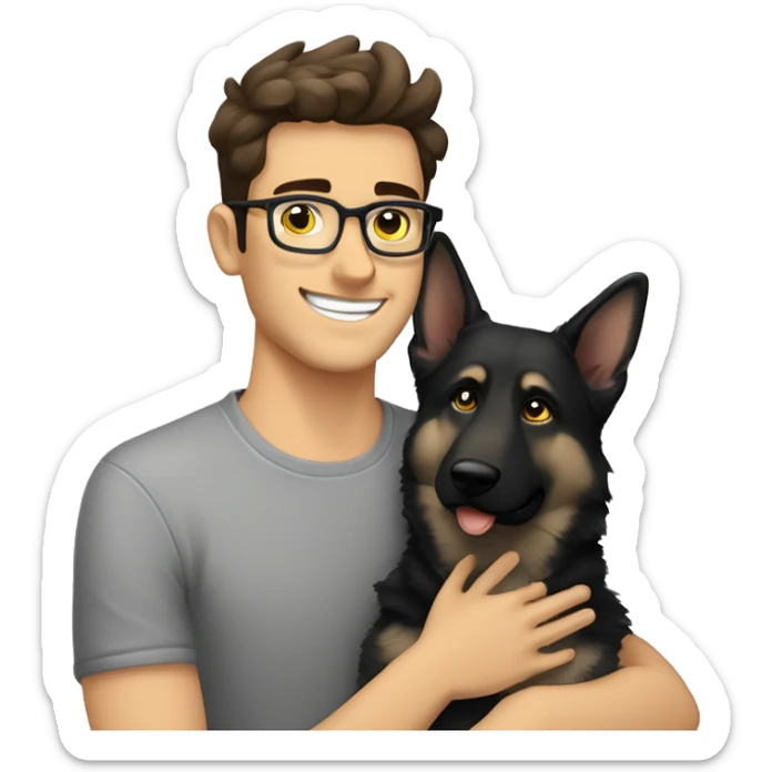 a handsome guy with dark brown hair, black thin stylish glasses and (grey eyes) hugging the grey german shepherd (yellow eyes) sticker