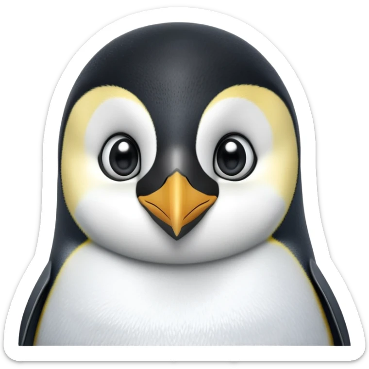 cinematic-cute-emperor-penguin-portrait-emoji,-head-tilted-playfully-and-inquisitively,-with-glossy,-pristine-plumage,-sparkling-eyes-filled-with-curiosity,-simplified-yet-irresistibly-adorable-features, black, large black eyes face, zoomed in sticker