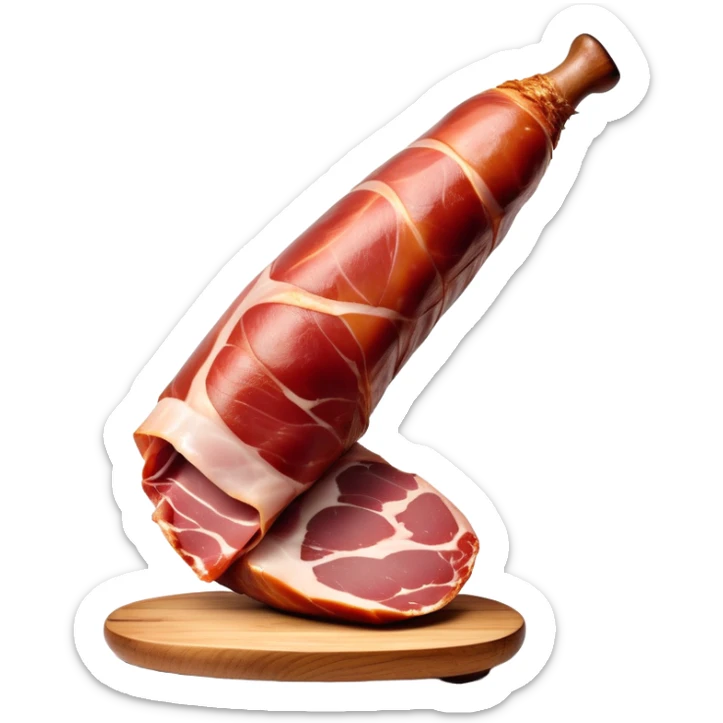 _cinematic-realistic-spanish-ham-leg,-depicted-as-a-massive,-cured-leg-of-jamón-serrano-(ham)-with-a-deep-reddish-brown-hue,-intricately-marbled-and-slightly-glossy-with-age,-elegantly-displayed-on-a-rustic-wooden-stand-and-bathed-in-warm sticker