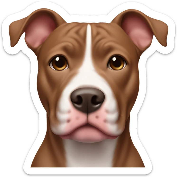 a brown pittbull with a light pink nose, white stripw above nose and white on the neck sticker
