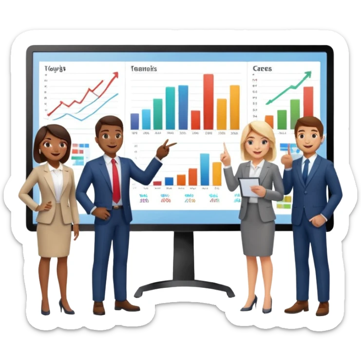 group of people pointing at a digital presentation screnn full of charts and graphs sticker