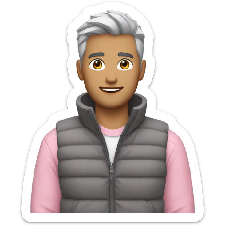 Finance bro with light grey short spike hair grey puffer vest over pink shirt sticker