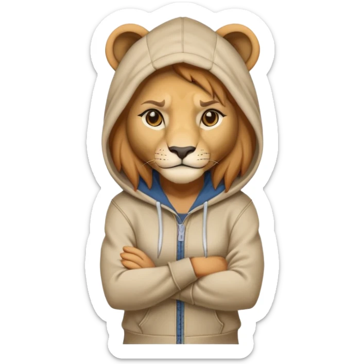 determined anthropomorphised female lion in a hoodie and jeans with arms folded, confident stance sticker