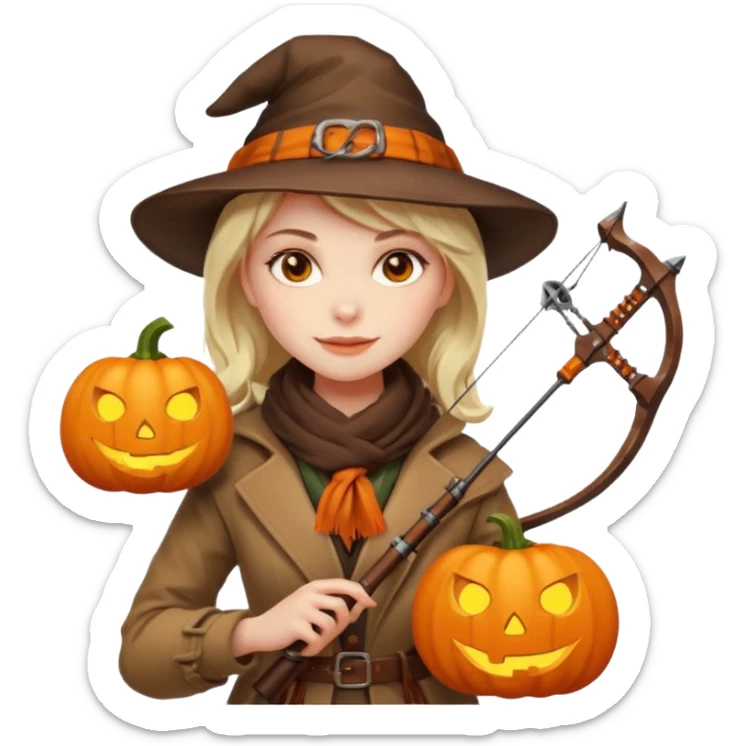 female human monster hunter emoji, wearing brown coat and hat, holding crossbow, soft smile, scarf, glowing pumpkin by her side, Halloween fantasy style, clean vector Apple emoji look, bright colors, white background, square sticker
