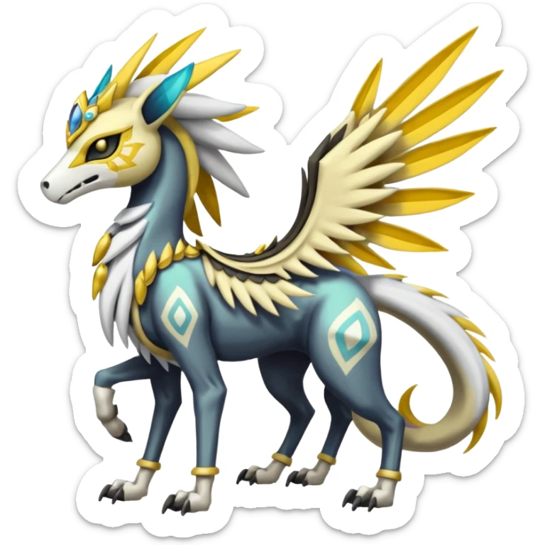 Colorful Skeletal masked armored Meloetta-Manectric-Silvally-Solgaleo-Raikou-Pokémon-Digimon-Fakémon-fusion-hybrid-creature, full body sticker