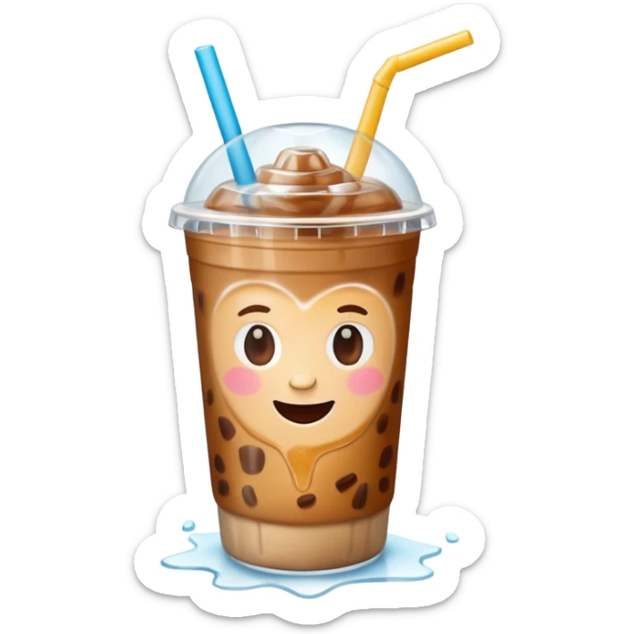 A 3D cartoon plastic cup of iced coffee with straw, clear lid, ice cubes floating, realistic condensation, bright sunlight, Memoji-style. sticker
