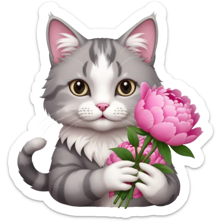 Cute cat Handing pink peonies like reaching a hand and handing them out a bouquet of them not a physical hand the cats hand  make the cat fluffy and grey and white fluffier make the cat wear a pink coquette make her wear a pink coquette make the peonies open and in boquette sticker