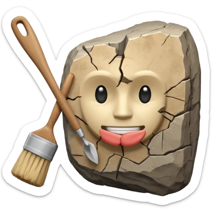 3D render of Archeology Brush, embedded in a chunk of rough sedimentary rock, cracked stone texture, ancient fossil aesthetic,pale wooden handle with dusty beige bristles, matte dry finish, Apple emoji style, isolated on white background --v 6.0. sticker