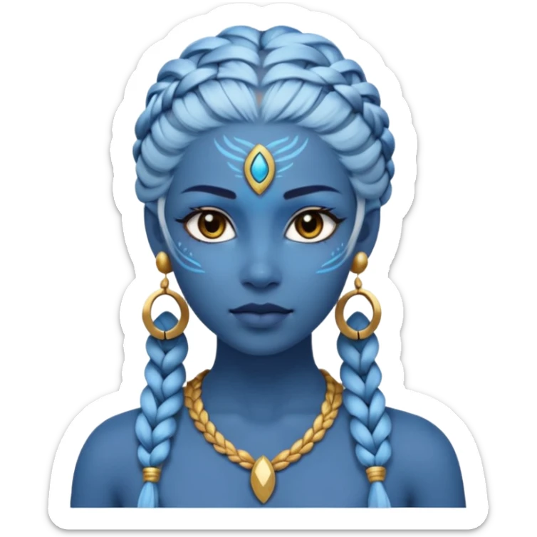 Draw a Na’vi female with glowing blue skin, white forehead markings, braided hair, gold earrings & a calm gaze. sticker