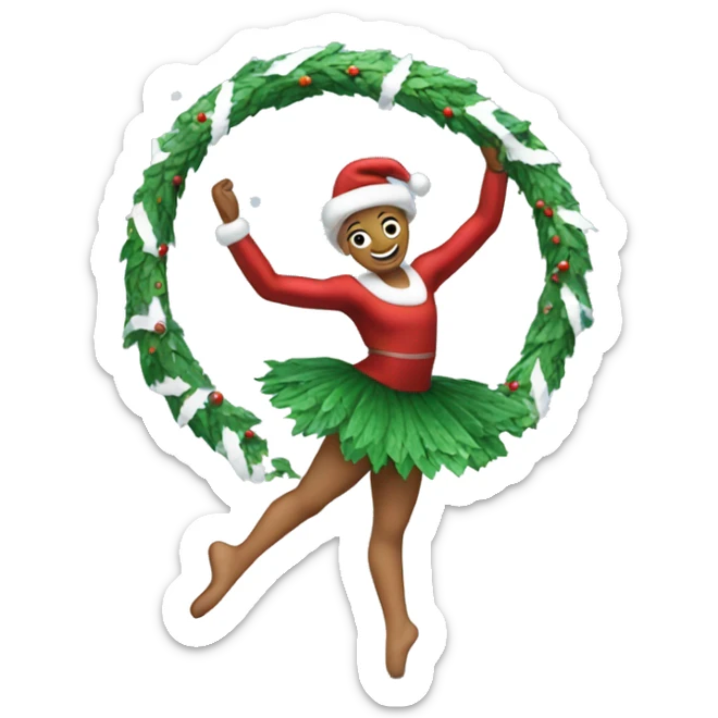 Christmas wreath with arms and legs dances ballet in the snow  sticker